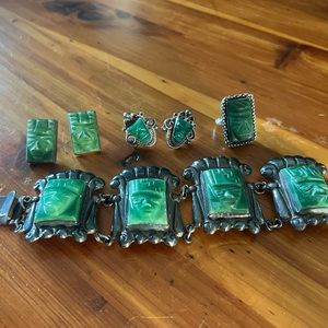 Hand Carved Vintage Jade & Silver Bracelet